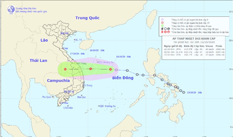 Áp thấp nhiệt đới mạnh lên thành bão số 8 hướng vào đất liền. (Ảnh: TTDBKTTVTW).