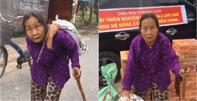 Xúc động hình ảnh cụ bà cõng bao hàng gửi ủng hộ bà con mưa lũ miền Trung.