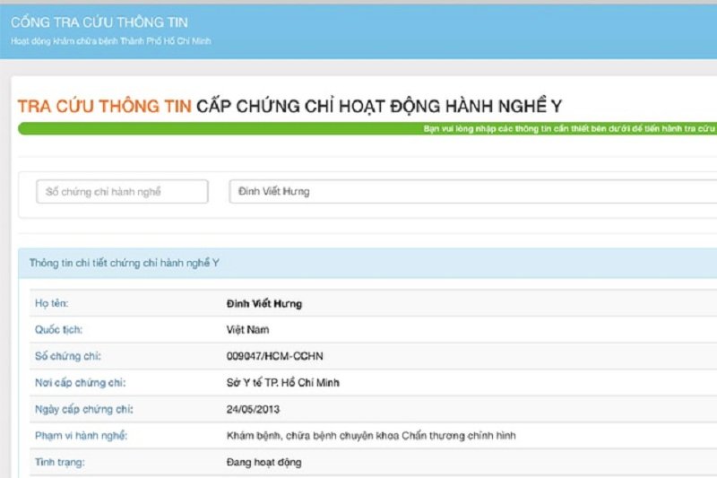 Trên website Sở Y tế TPHCM, bác sĩ Đinh Viết Hưng chỉ được khám bệnh, chữa bệnh chuyên khoa chấn thương chỉnh hình.