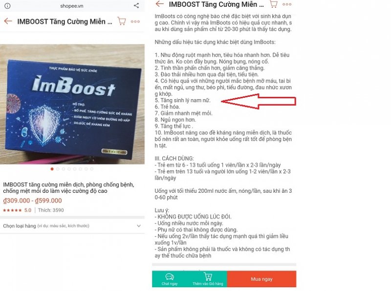 Nhan nhản quảng cáo TPCN Imboost tăng cường sinh lý nam, nữ. (Ảnh: Chụp trên trang thương mại Shopee.vn).