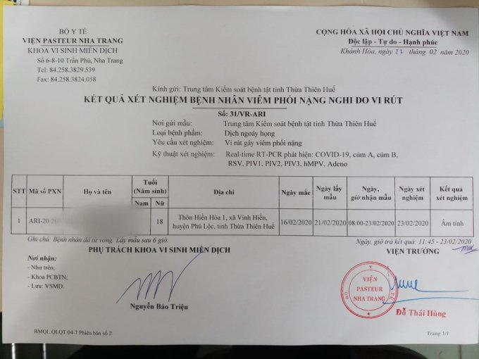 Nữ sinh N. âm tính với virus corona.