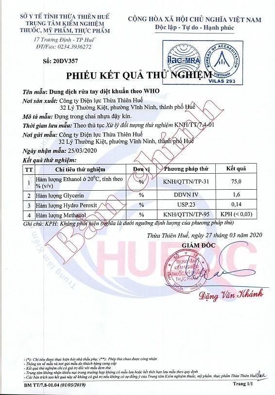 Phiếu kết quả thử nghiệm.