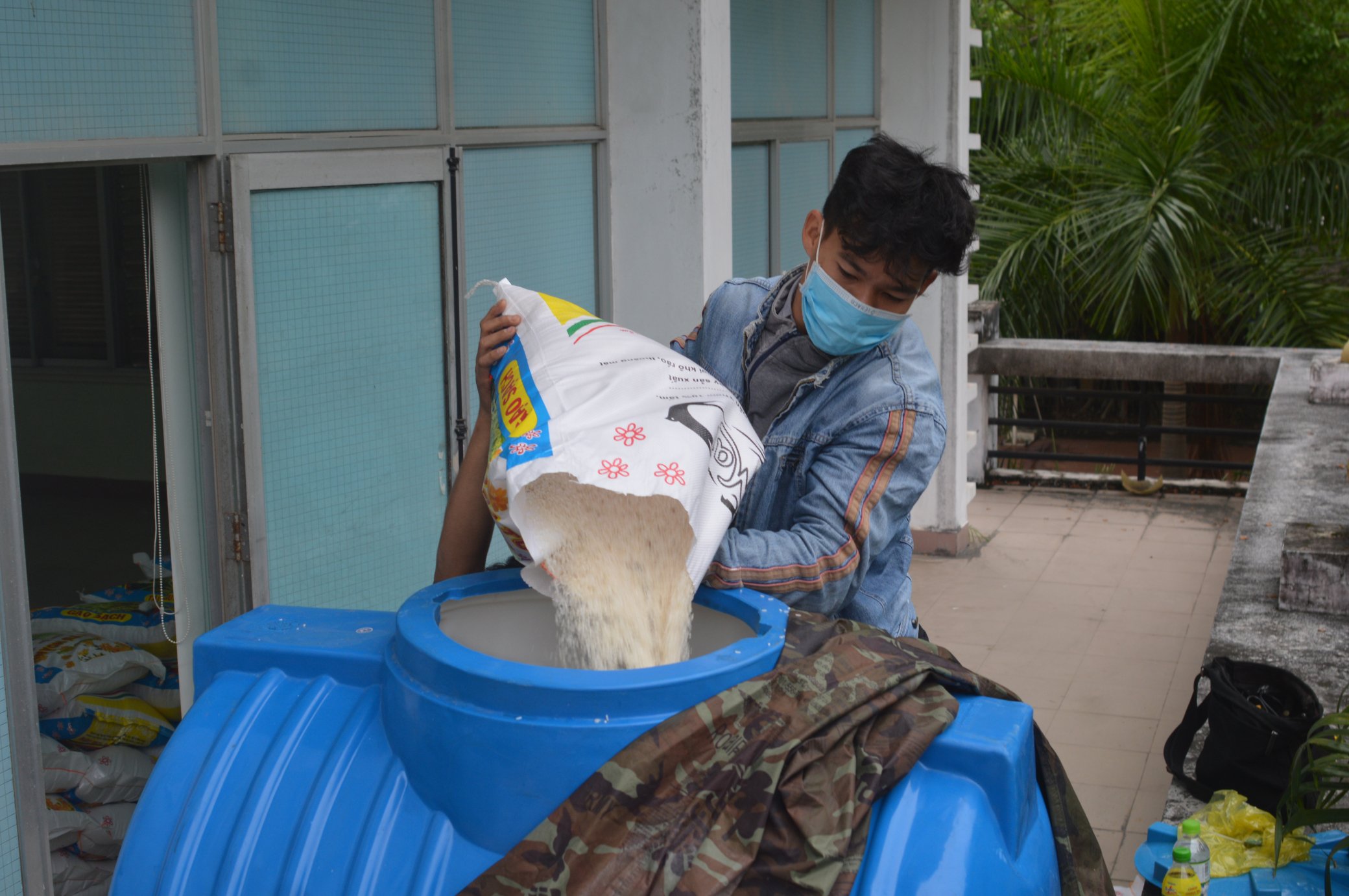 Đổ gạo vào thùng.