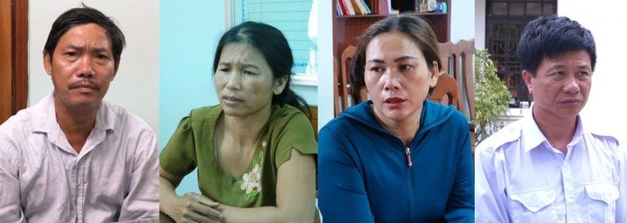 Các đối tượng (từ trái qua phải: Nguyễn Tư Sơn; Dương Thị Thu; Hoàng Thị Dịu; Nguyễn Hữu Chức) tại cơ quan công an. Ảnh: CACC.