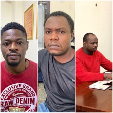 Từ trái qua phải: Đối tượng Ogo Emeka Donal, Ugochukuwu Okechukwu James, Chukwugekwe Godwin Ajearo.