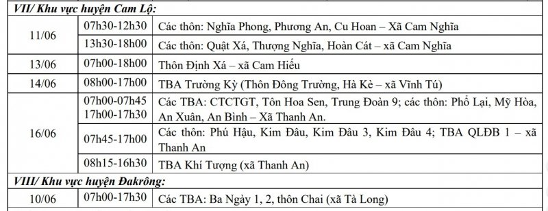 Khu vực huyện Cam Lộ, khu vực huyện Đakrông.