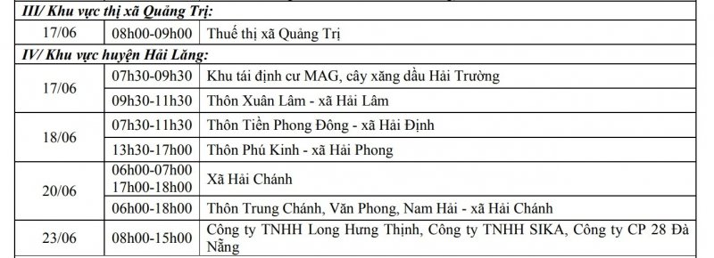 Khu vực thị xã Quảng Trị, khu vực huyện Hải Lăng.