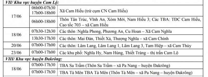 Khu vực huyện Cam Lộ, khu vực huyện Đakrông.