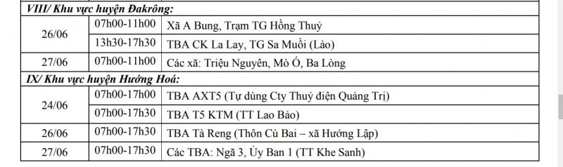 Khu vực huyện Đakrông, khu vực huyện Hướng Hóa.