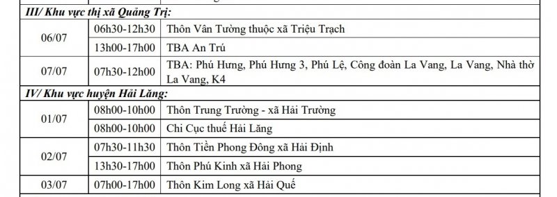 Khu vực thị xã Quảng Trị, khu vực huyện Hải Lăng.