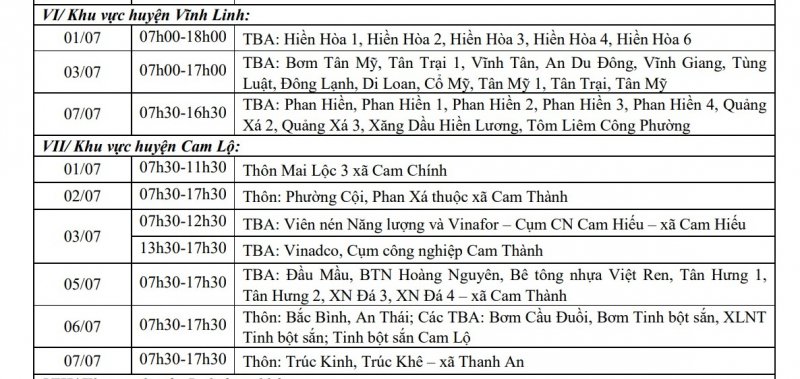 Khu vực huyện Vĩnh Linh, khu vực huyện Cam Lộ.