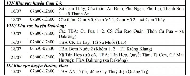 Khu vực huyện Cam Lộ, huyện Đakrông, huyện Hướng Hóa.