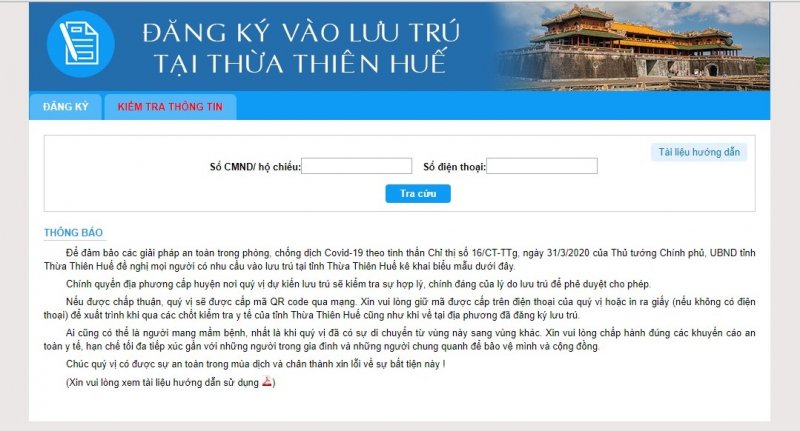Khai báo y tế qua địa chỉ https://tuongtac.thuathienhue.gov.vn/kbyt trước khi vào Thừa Thiên Huế.