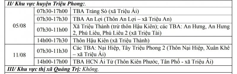 Khu vực huyện Triệu Phong, thị xã Quảng Trị.