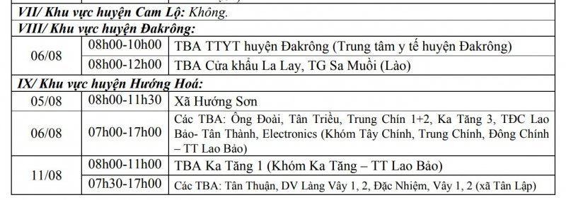 Khu vực huyện Cam Lộ, huyện Đakrông, huyện Hướng Hóa.