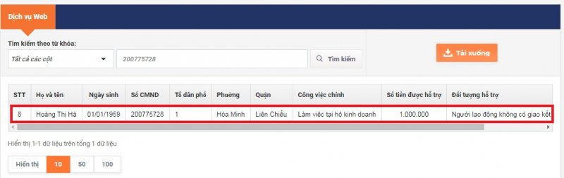 Tìm kiếm theo số CMND.