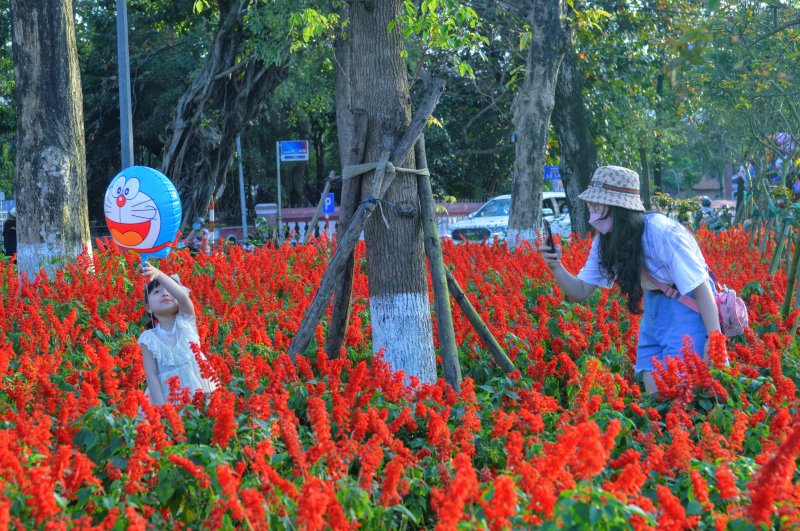 Hai mẹ con vui chơi bên vườn hoa