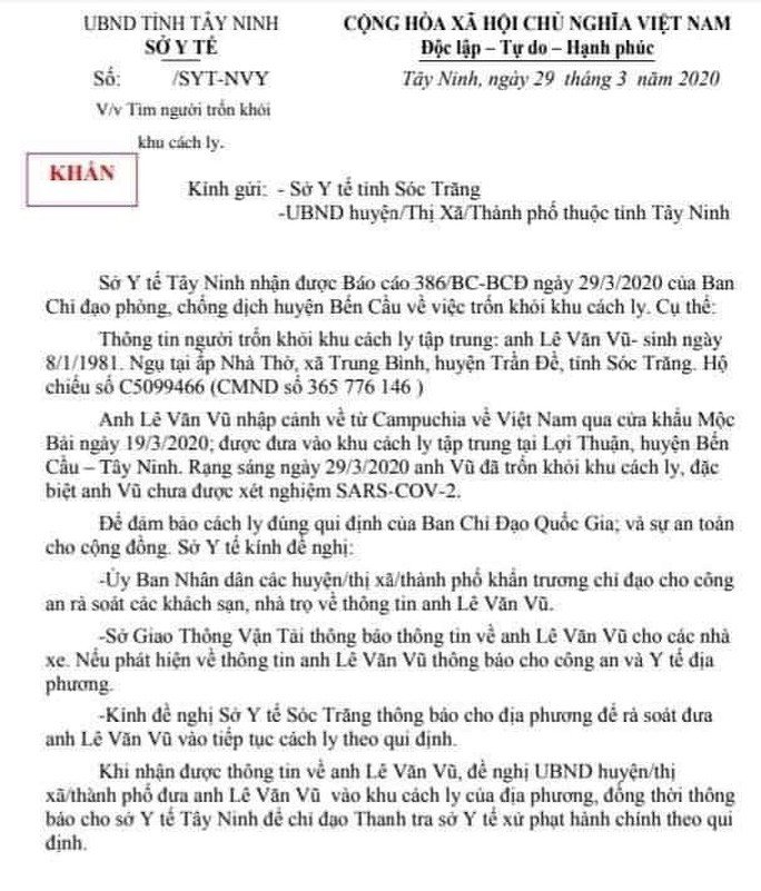 Thông báo khẩn của Sở Y tế Tây Ninh.