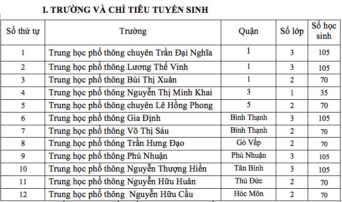 Chỉ tiêu lớp 10 chương trình tích hợp ở TP.HCM.