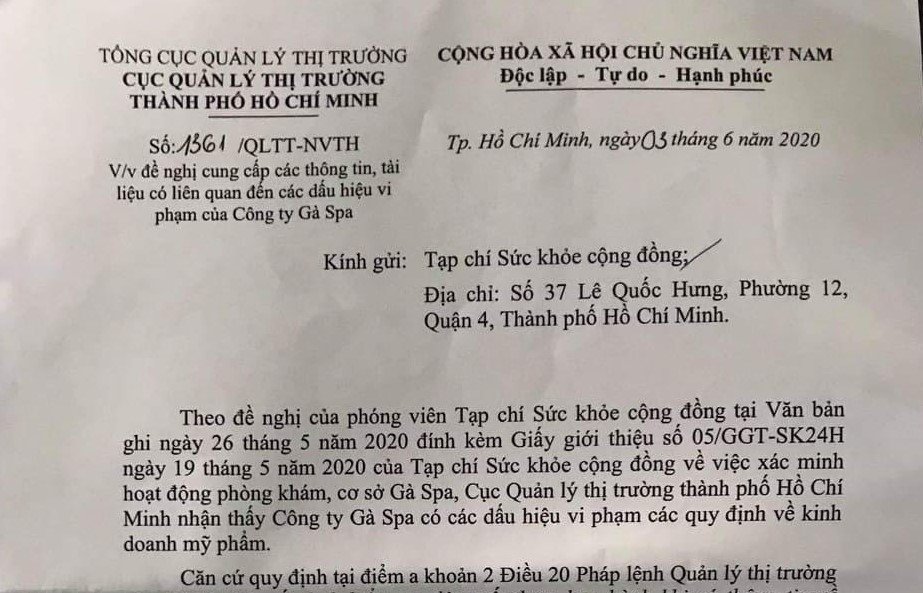 Văn bản của Cục Quản lý Thị trường TP HCM.