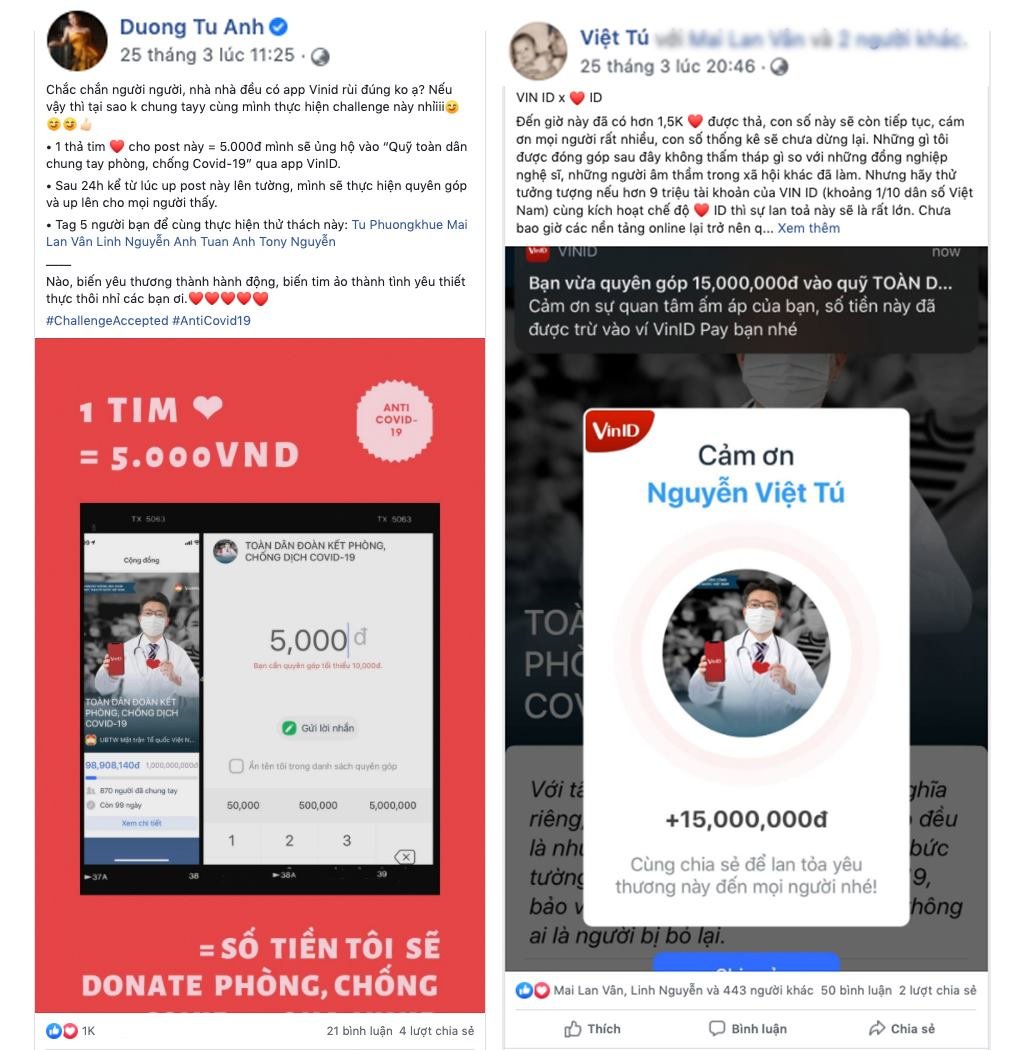 Á hậu Tú Anh và đạo diễn Việt Tú cùng tham gia thử thách thả tim để quyên góp cho Quỹ phòng, chống Covid-19.