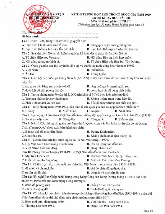 Đề thi tham khảo THPT Quốc gia 2020 môn Lịch sử