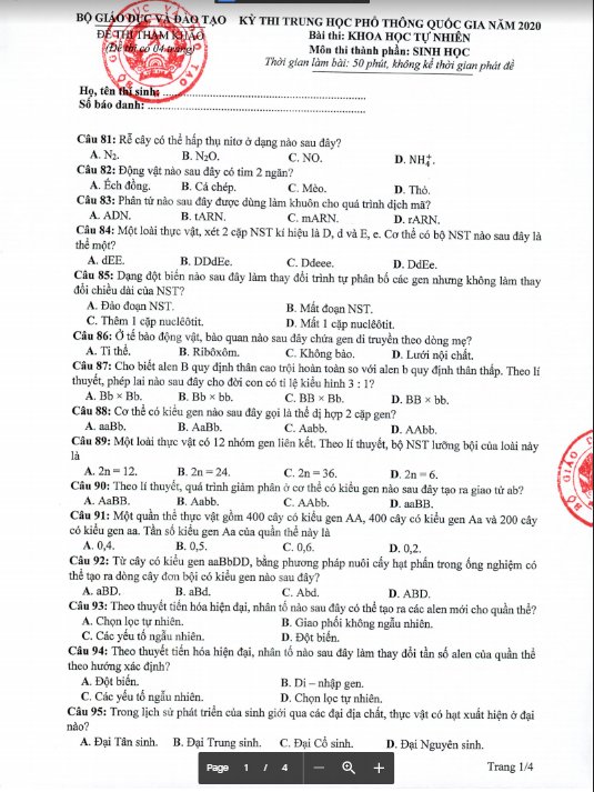 Đề thi tham khảo THPT Quốc gia 2020 môn Sinh học