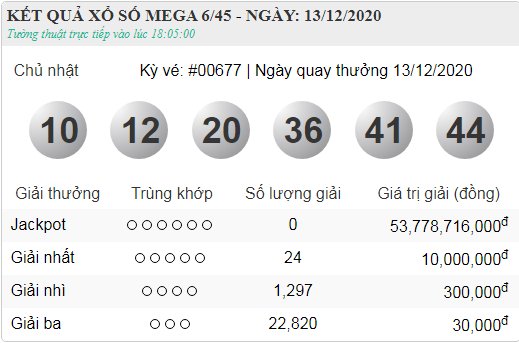 Kết quả xổ số Vietlott Mega 6/45 chủ nhật ngày 13/12/2020 - kỳ quay 677