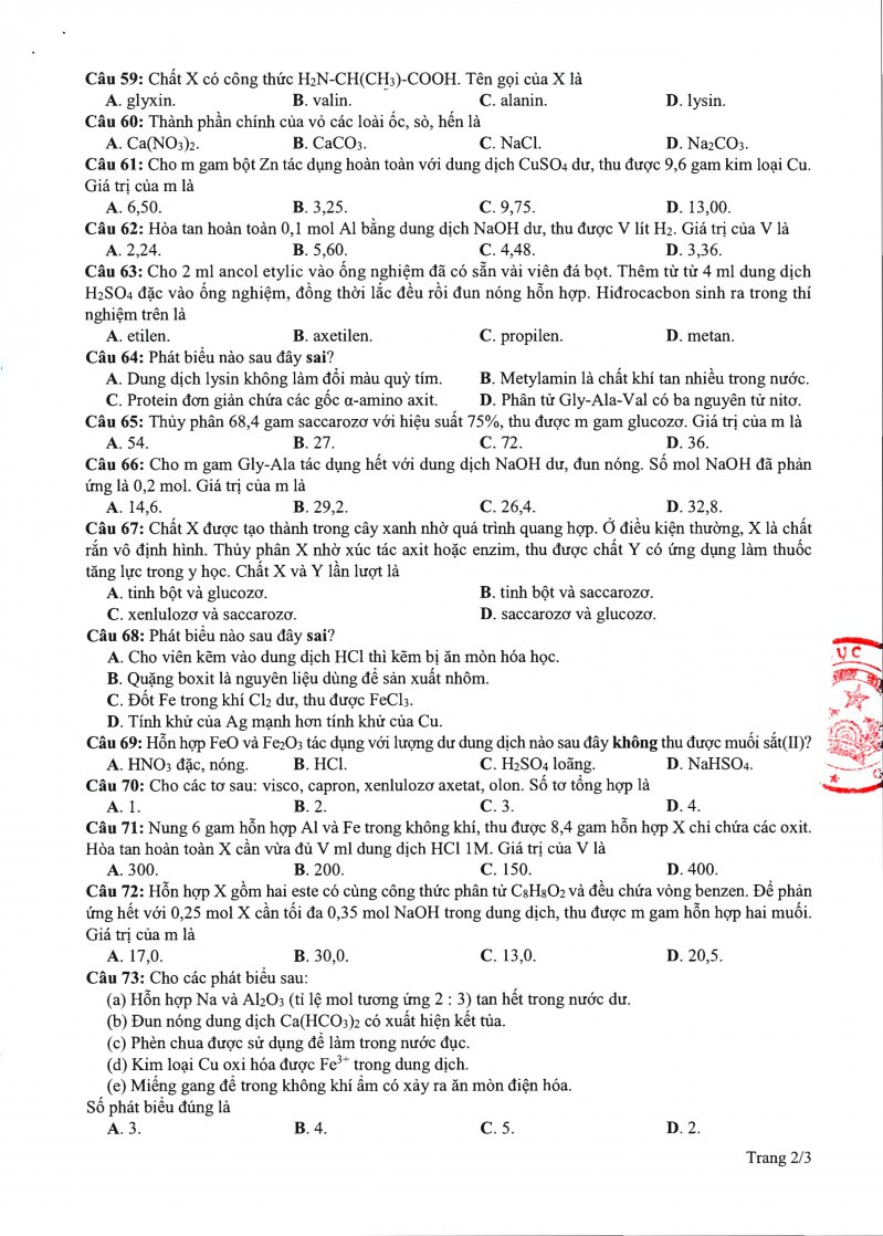 Đề minh họa thi tốt nghiệp THPT 2020 môn Hóa học.