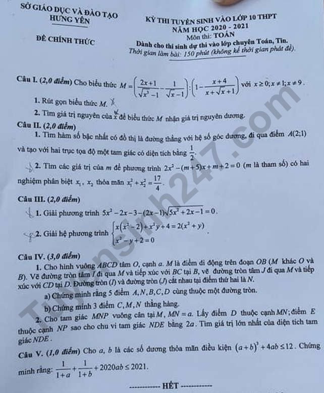 Đề thi vào lớp 10 năm 2020 môn chuyên toán của Hưng Yên và đáp án.