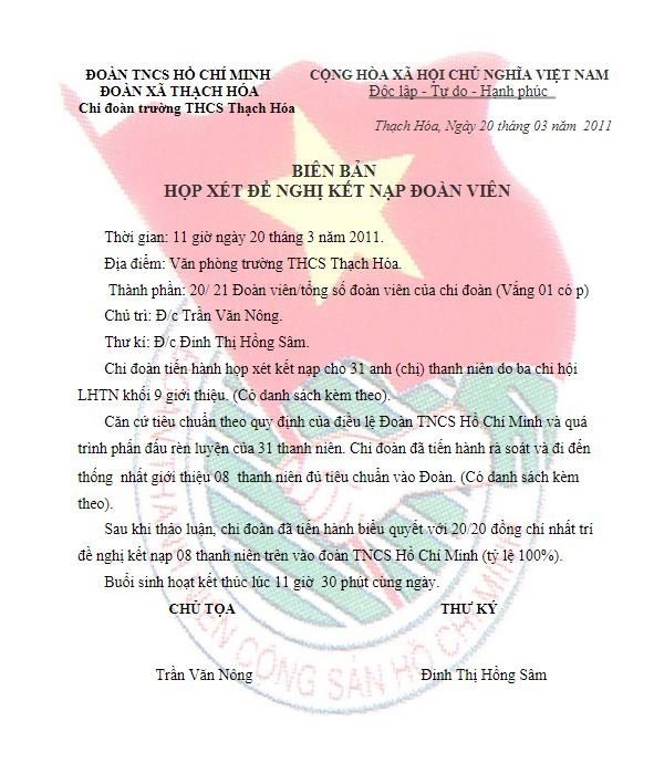 Mẫu biên bản lễ kết nạp đoàn viên.