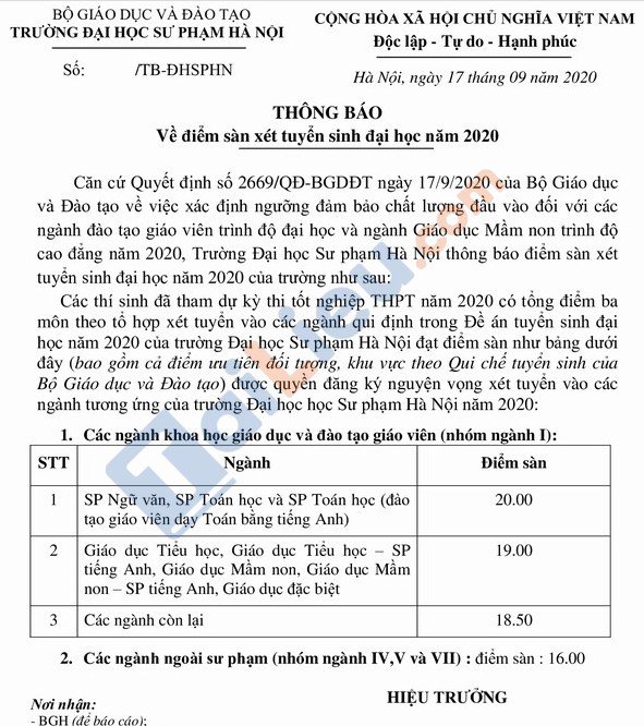Điểm sàn trường Đại học Sư phạm Hà Nội 1 năm 2020