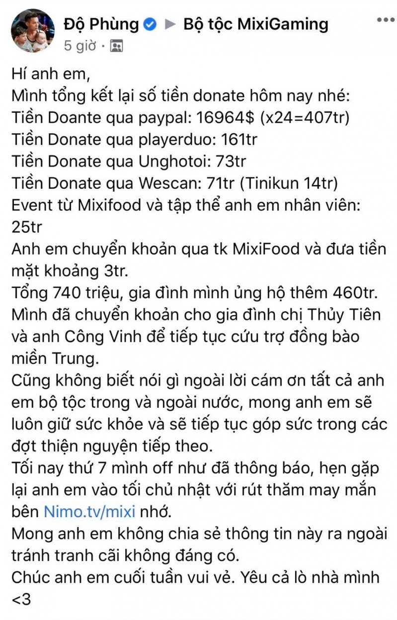 Tổng kết số tiền đã kêu gọi cùng số tiền vợ chồng Độ Mixi bỏ ra được 1,2 tỷ đồng