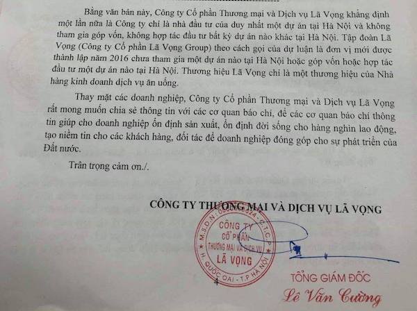 Trích nội dung công văn Công ty Lã Vọng gửi tới các cơ quan báo chí