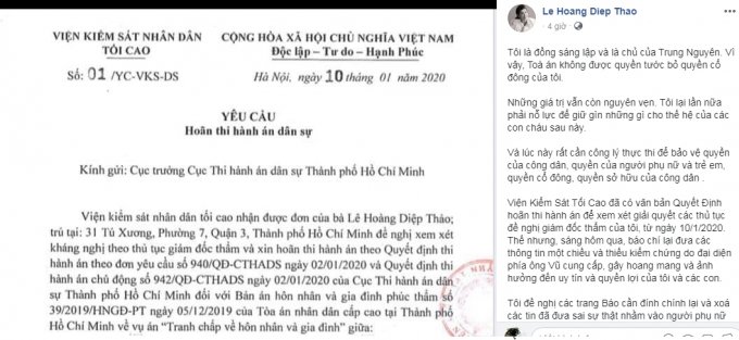 Trên Facebook tài khoản Le Hoang Diep Thao (được cho của bà Lê Hoàng Diệp Thảo) đăng tải nội dung khẳng định bà Thảo vẫn nắm quyền tại Trung Nguyên.
