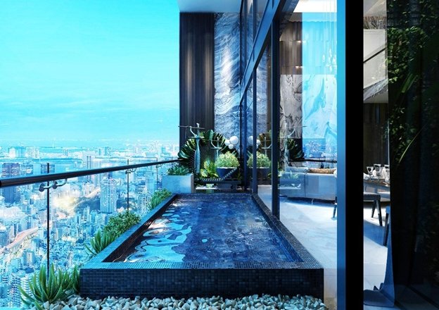 Trong mỗi căn hộ biệt thự giữa lưng chừng trời của Sunshine Crystal River đều có những khu vườn xanh, có bể bơi với tầm nhìn khoáng đạt toàn thành phố