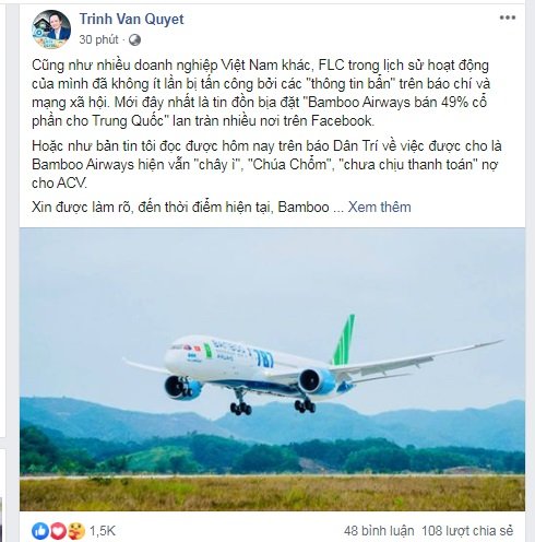 Chỉ sau 30 phút đăng tải chia sẻ của Facebook mang tên Trinh Van Quyet thu hút 1,5k người thích, 108 lượt chia sẻ cùng hàng chục lượt bình luận.