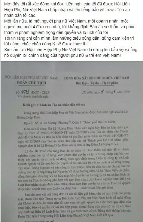 Chia sẻ trên Facebook của bà Thảo