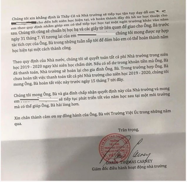 Thông báo của trường Dân lập quốc tế Việt Úc.