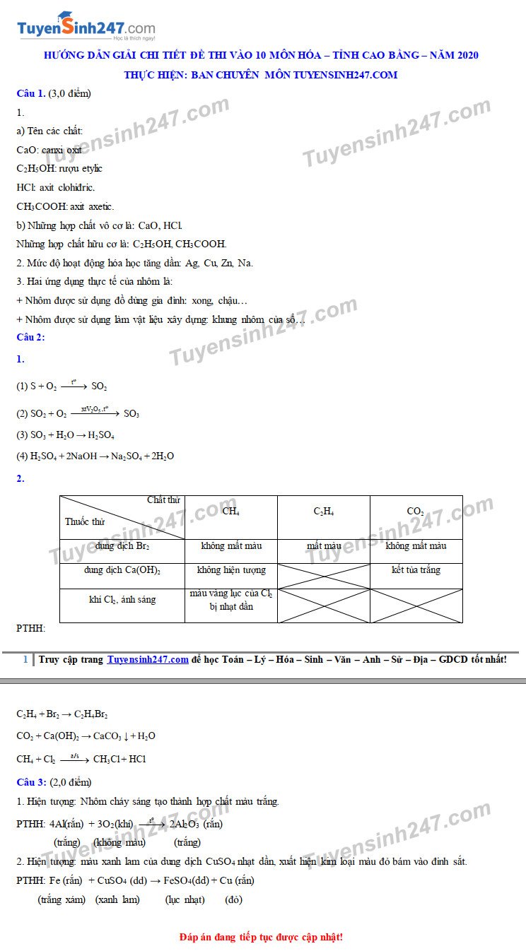 Đáp án đề thi vào lớp 10 môn Hóa Học năm 2020 tỉnh Cao Bằng