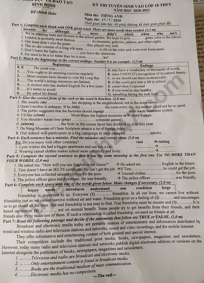 Đề thi vào lớp 10 năm 2020 môn Tiếng Anh tỉnh Bình Định