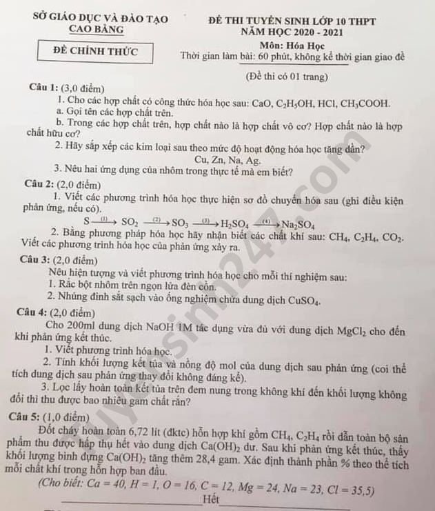Đề thi tuyển sinh lớp 10 môn Hóa học tỉnh Cao Bằng