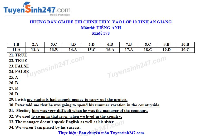 Đáp án đề thi vào lớp 10 môn Anh tỉnh An Giang năm 2020