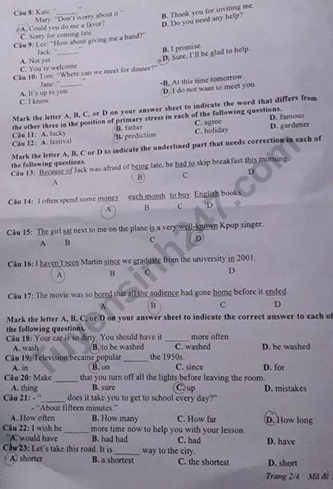 Đề thi vào lớp 10 môn Tiếng Anh tỉnh Nghệ An năm 2020