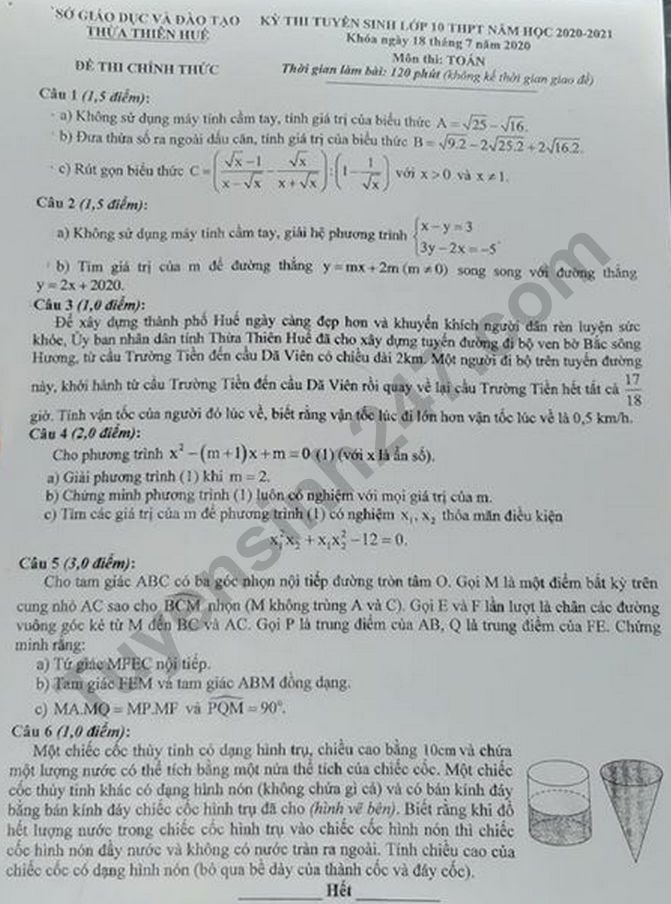 Đề thi môn Toán vào lớp 10 - Thừa Thiên Huế 2020