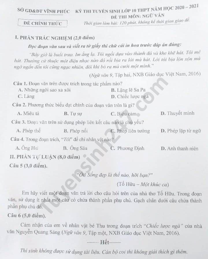 Đề thi môn Văn vào lớp 10 tỉnh Vĩnh Phúc 2020