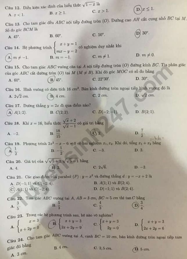 Đề thi môn Toán vào lớp 10 năm 2020 - Bắc Ninh