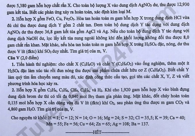 Đề thi vào lớp 10 môn Hóa chuyên - Hà Nội 2020
