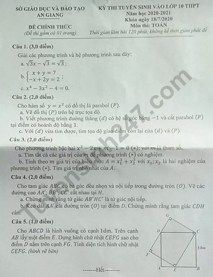Đề thi vào lớp 10 năm 2020 môn Toán tỉnh An Giang