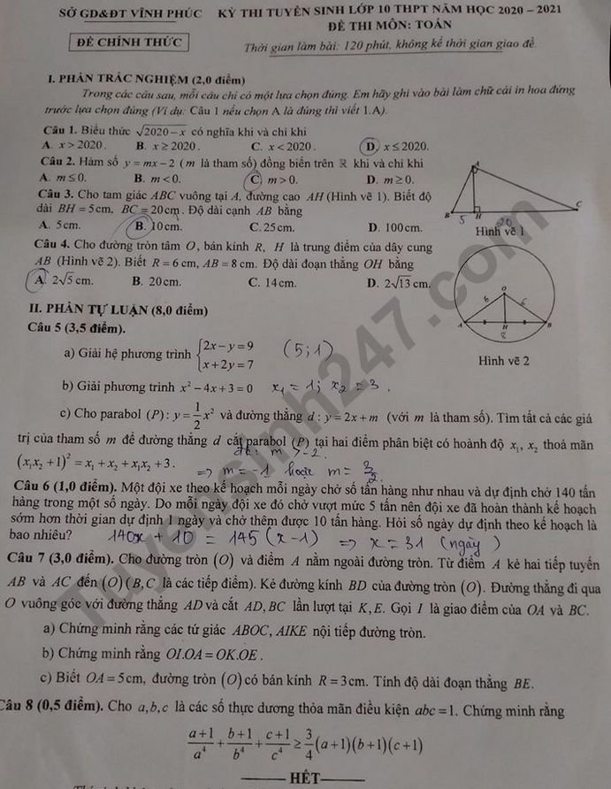 Đề thi vào lớp 10 năm 2020 môn Toán tỉnh Vĩnh Phúc. (Lưu ý: Đáp án khoanh trong đề thi là của học sinh làm, có thể sẽ không chính xác.)